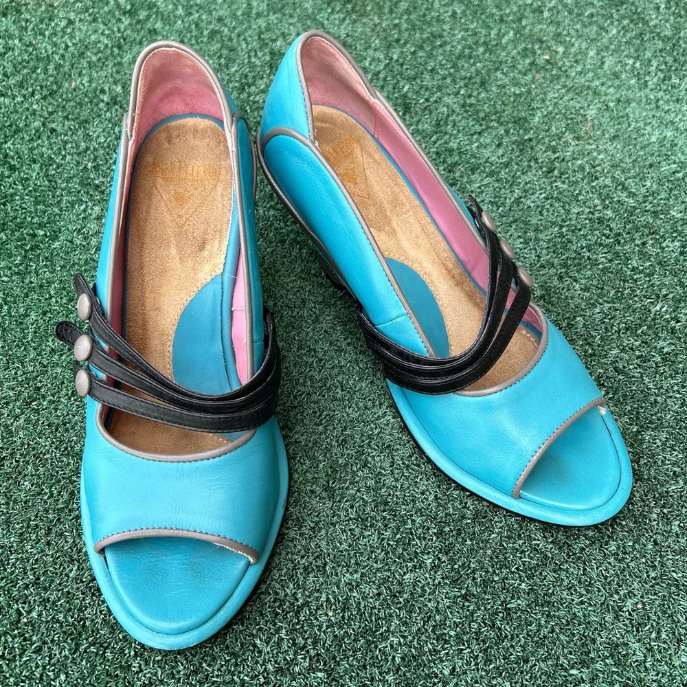 John Fluevog Vintage Miss April Peep Toe Wedge Heel Leather Turquoise Black 7 - Picture 10 of 13
